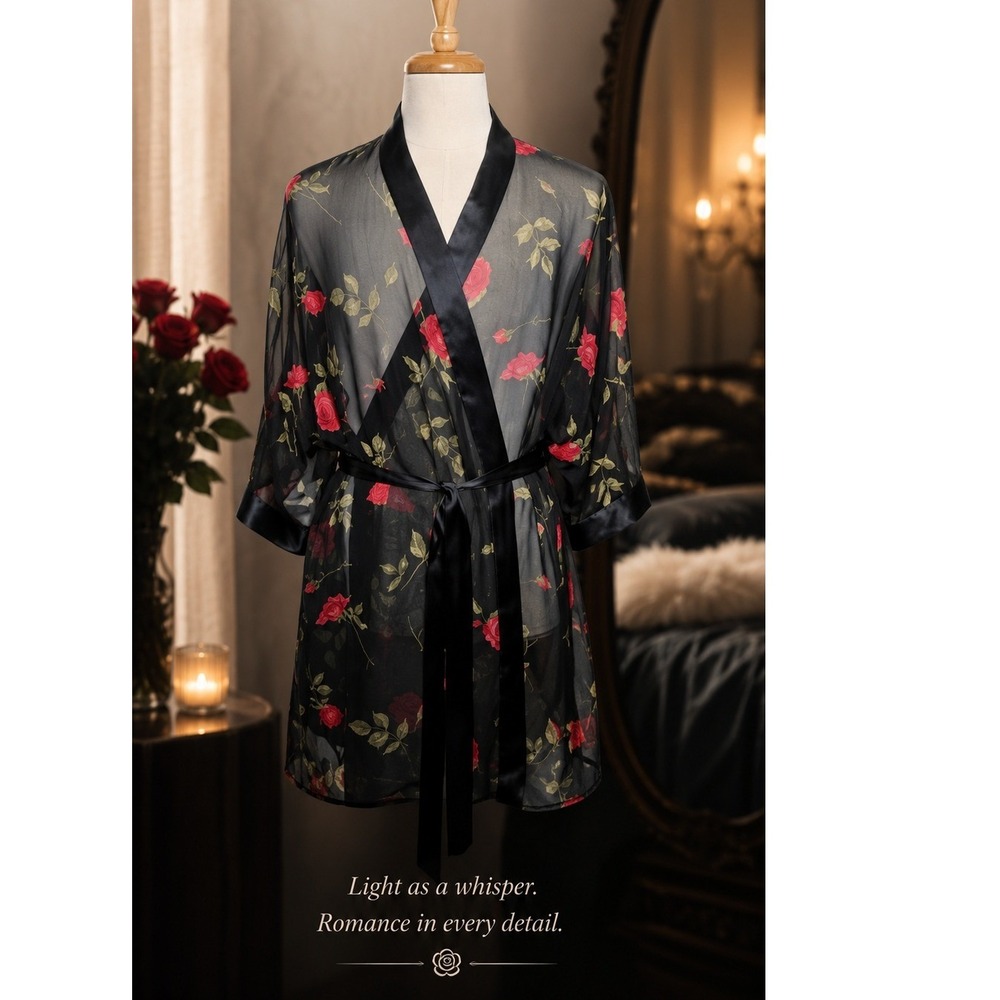 Sheer Rose Kimono Robe Dark Coquette Goth Floral Boudoir Romantic Duster XXL